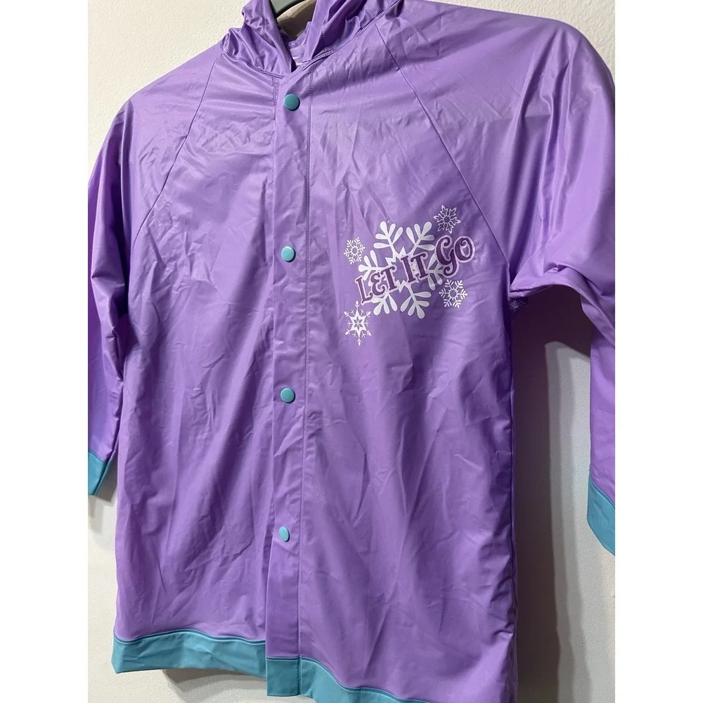 Disney Frozen Elsa Girls Purple Vinyl Raincoat Hooded Rain Slicker Jacket Size M